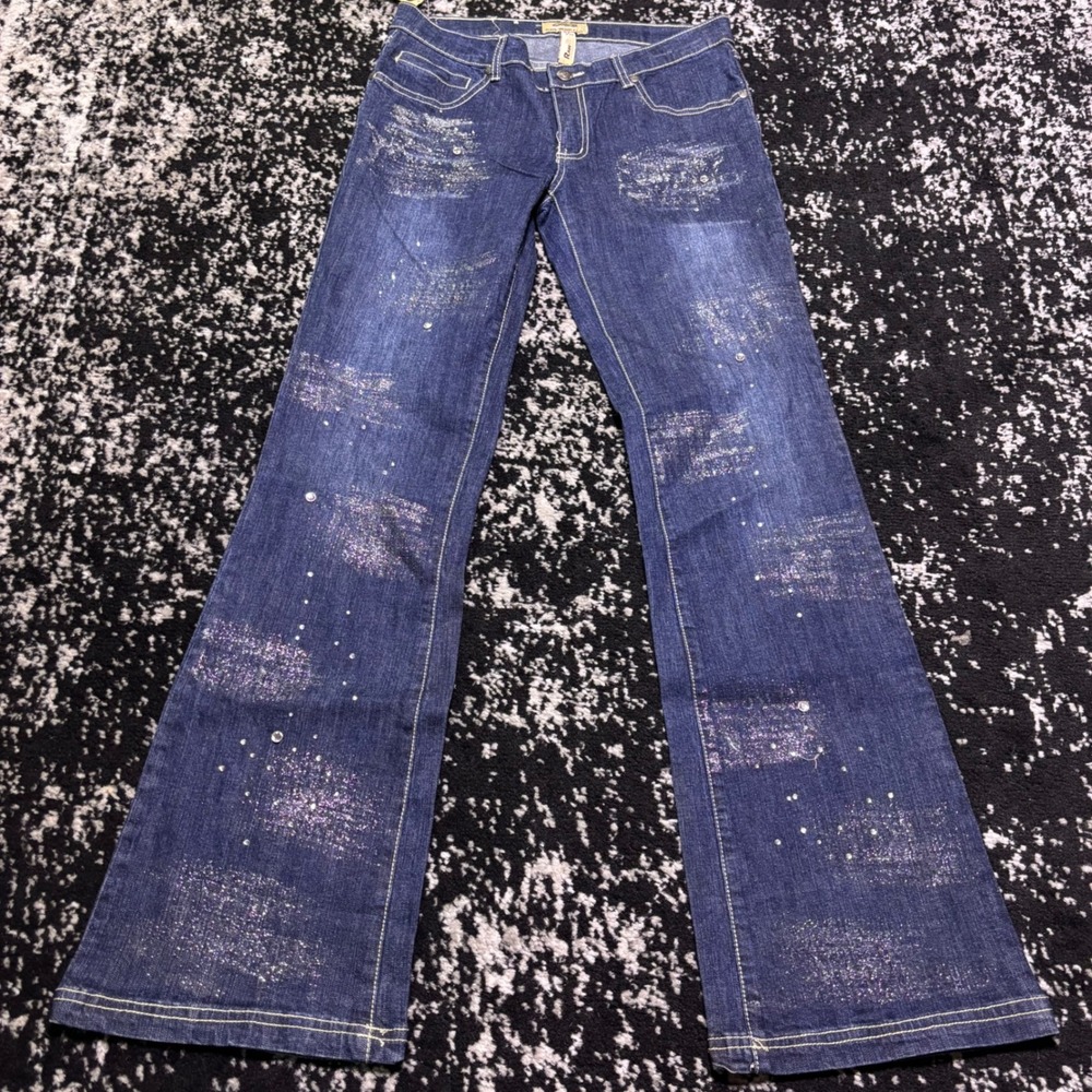 Raw Blue Lady Y2K Flare Jeans Dark Wash Glitter Rhinestone NWT